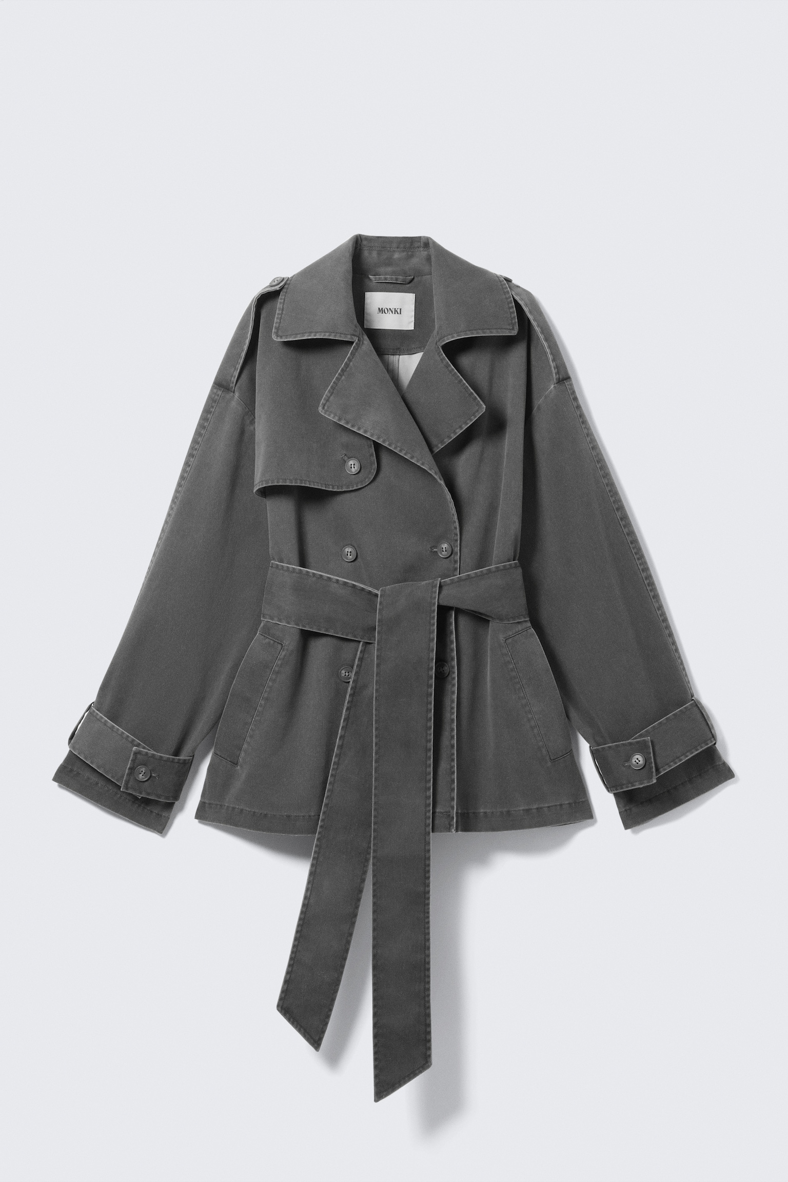 SHORT DOUBLE-BREASTED WASHED TRENCH COAT - Dark Grey - 2
