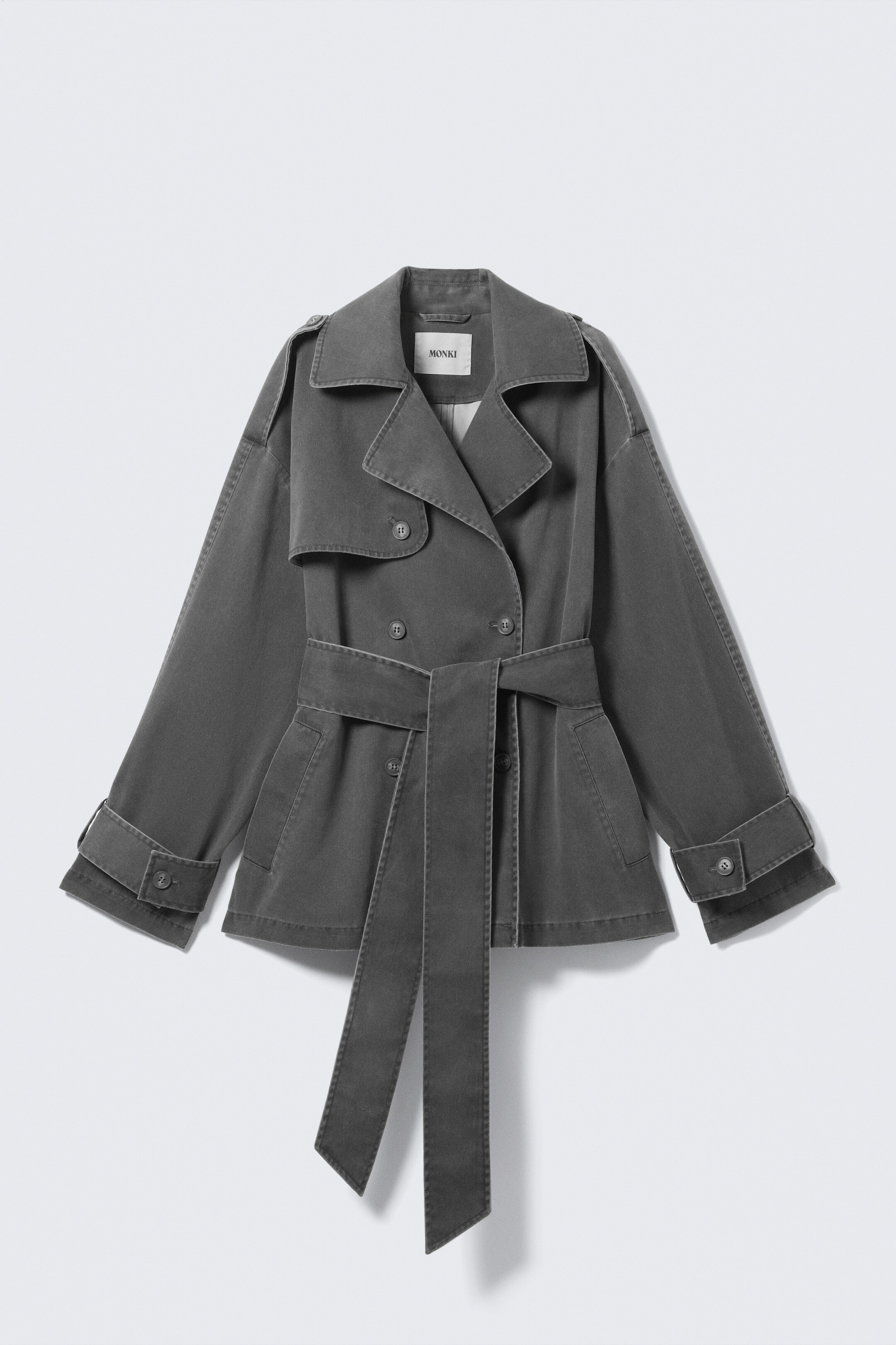 Vis større bilde: Kort dobbeltspent trenchcoat i vasket stoff - Mørkegrå - DAME | H&M NO 6