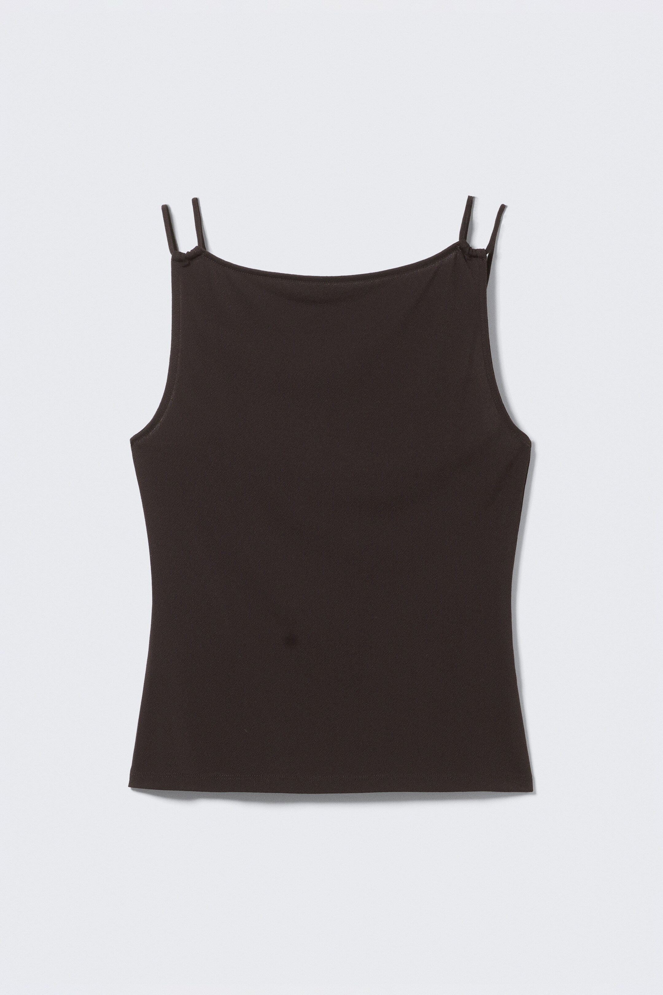 Visa större bild: Ett mörkbrunt slim-fit linnet, tillverkat av stretchig jersey, visar sin FRAMSIDA och har en hög båturringning samt dubbla axelband.