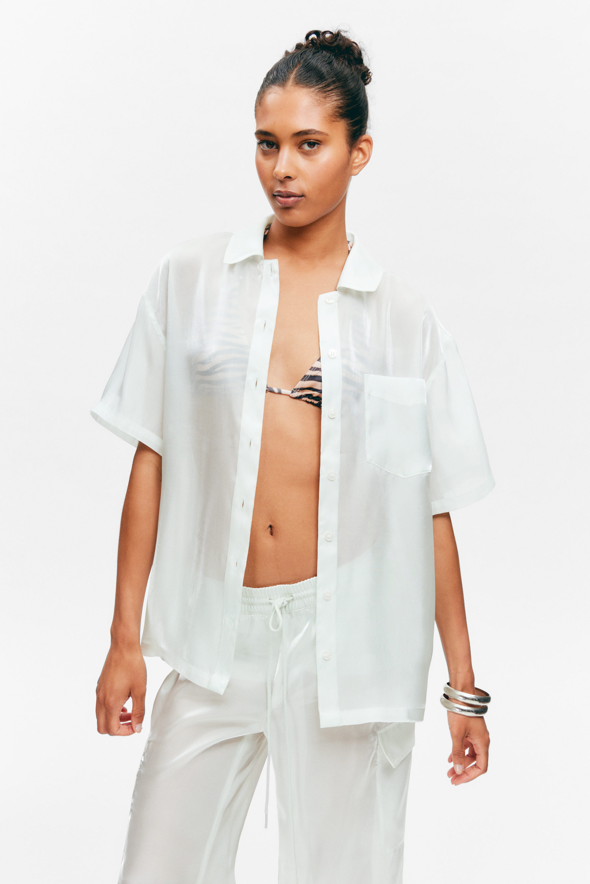 #D6DDD8 - Oversized ShortSleeved Organza Shirt - 2