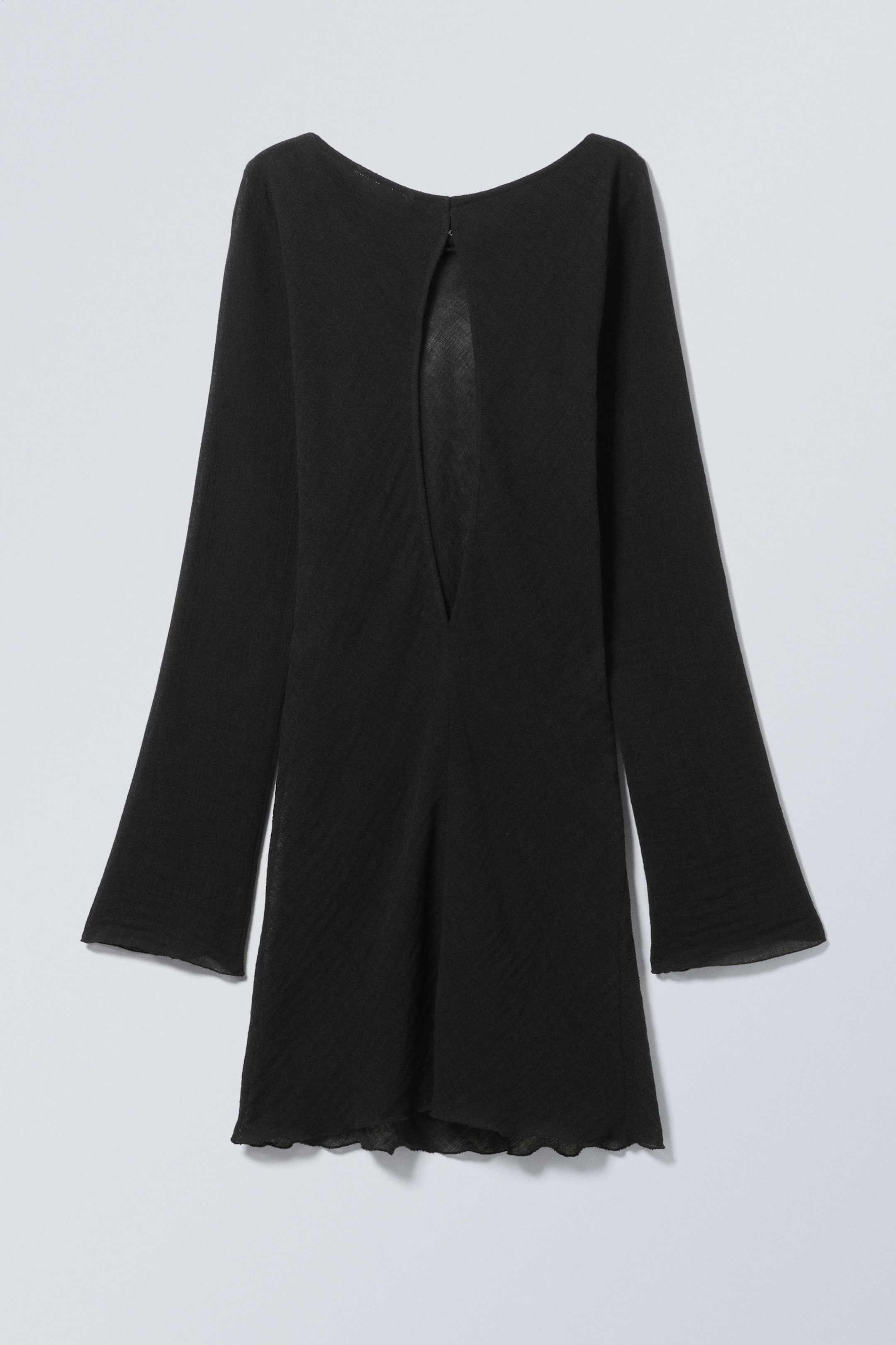 Black - Mini Long Sleeve Linen Blend Dress - 2