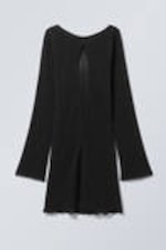Black - Mini Long Sleeve Linen Blend Dress - 1