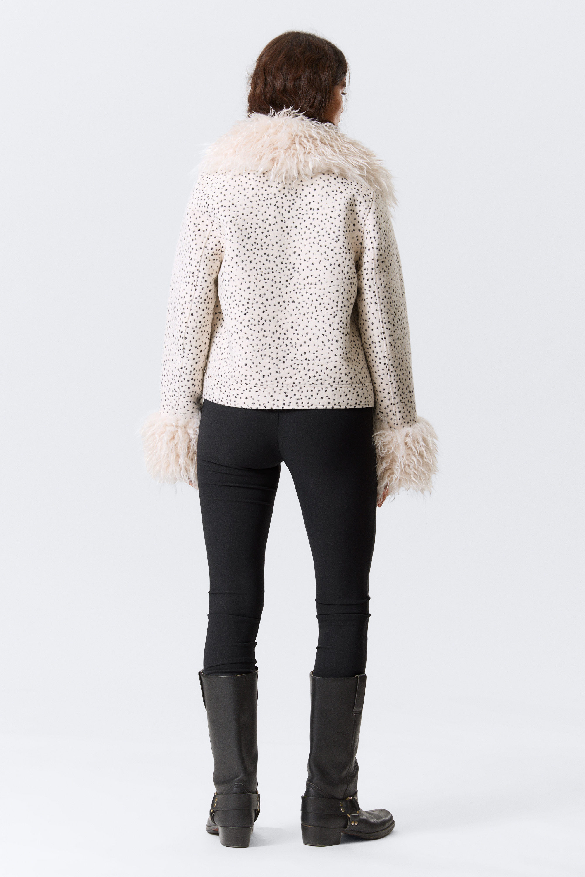 Dusty White - Black Dots - Cropped Faux Fur Trim Jacket - 2