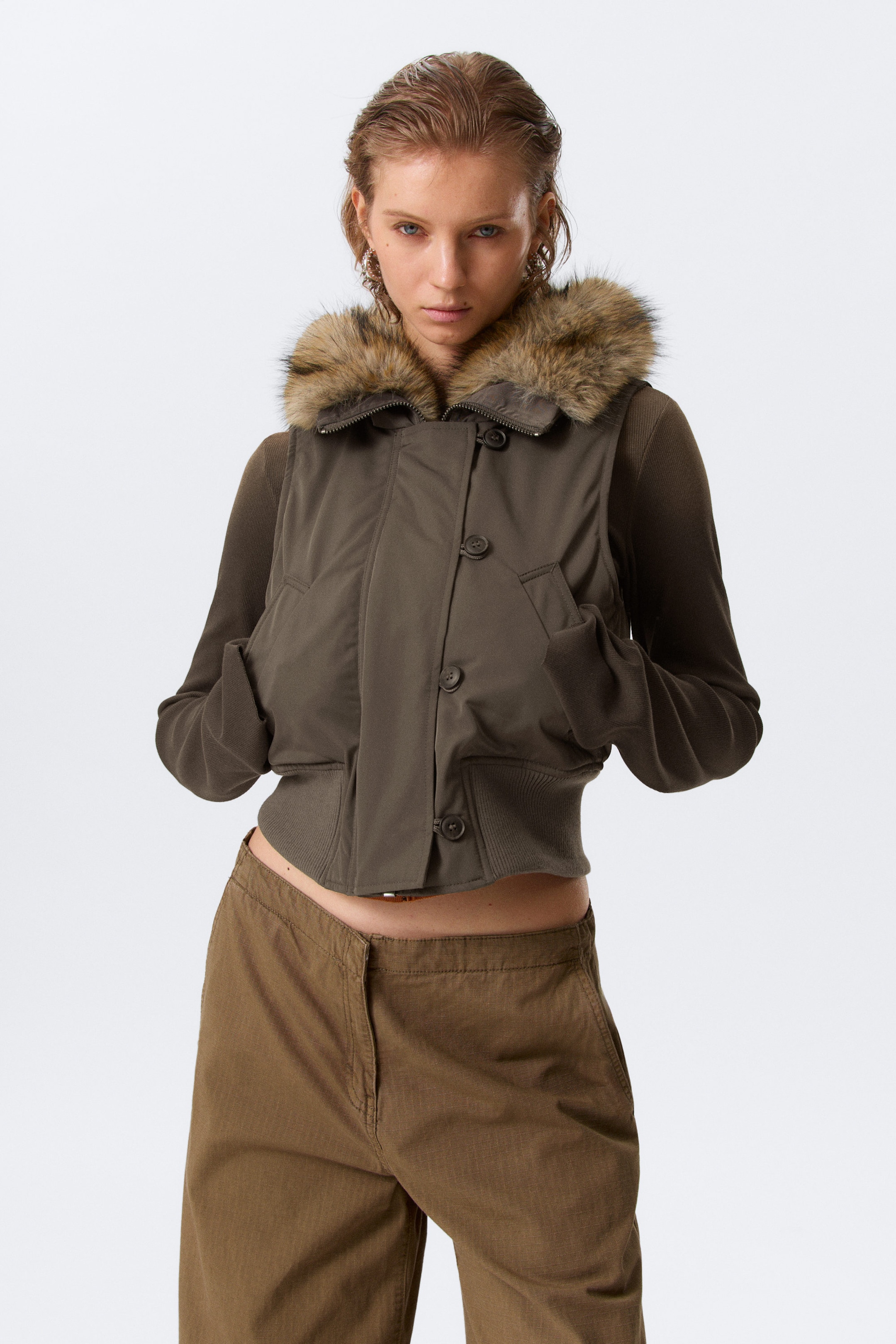 Dark Grey - Convertible Hood Bomber Vest - 2