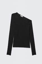 Svart - ASYMMETRISK RIBBSTICKAD LÅNGÄRMAD TOPP - 0