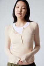 Light Beige - Sheer Rib Long Sleeve Henley Top - 1