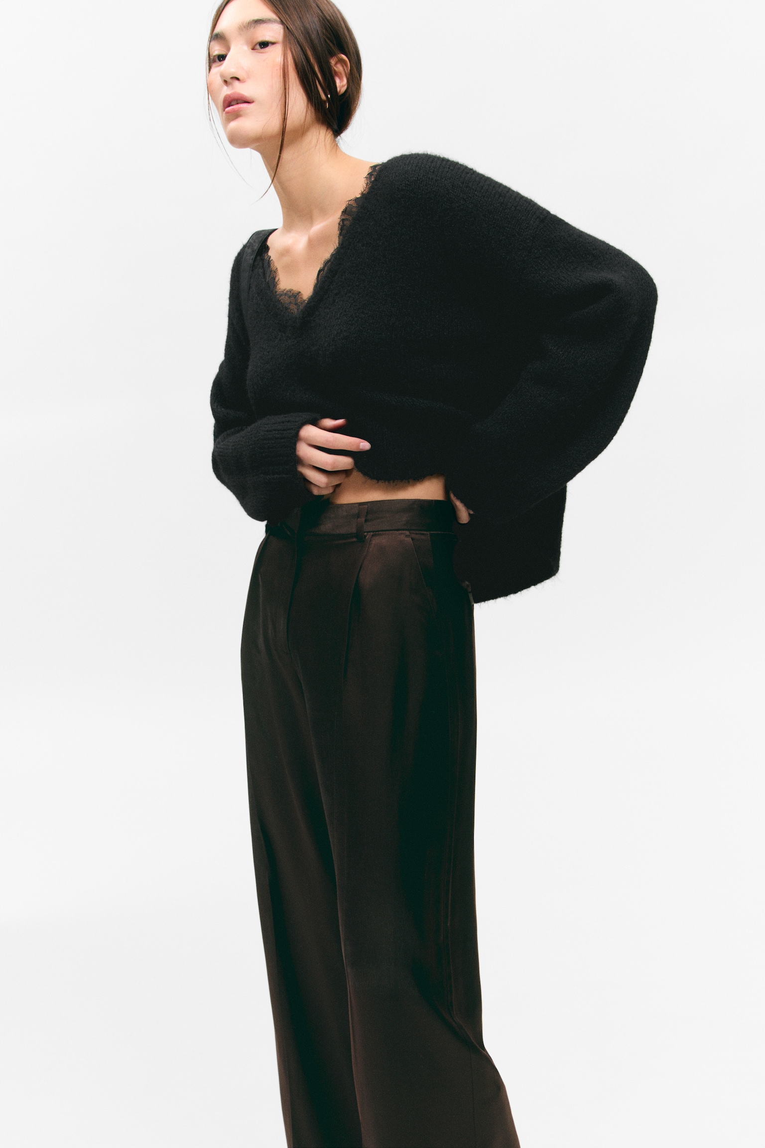 High Waisted Wide Leg Satin Trousers - Dark Brown/Black/White - 5