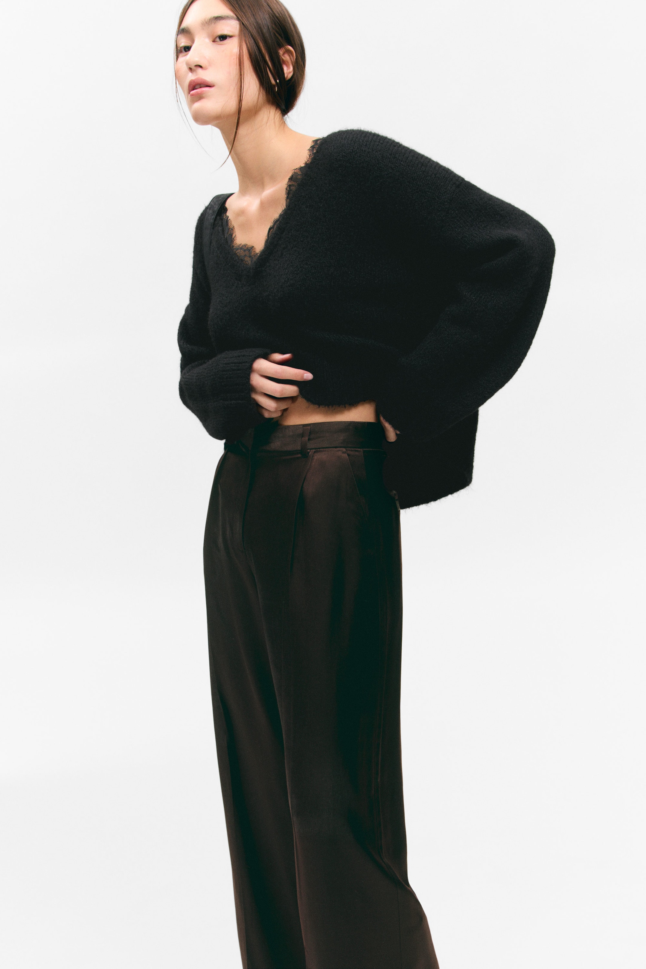 Dark Brown - High Waisted Wide Leg Satin Trousers - 2