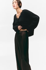 Dark Brown - High Waisted Wide Leg Satin Trousers - 1