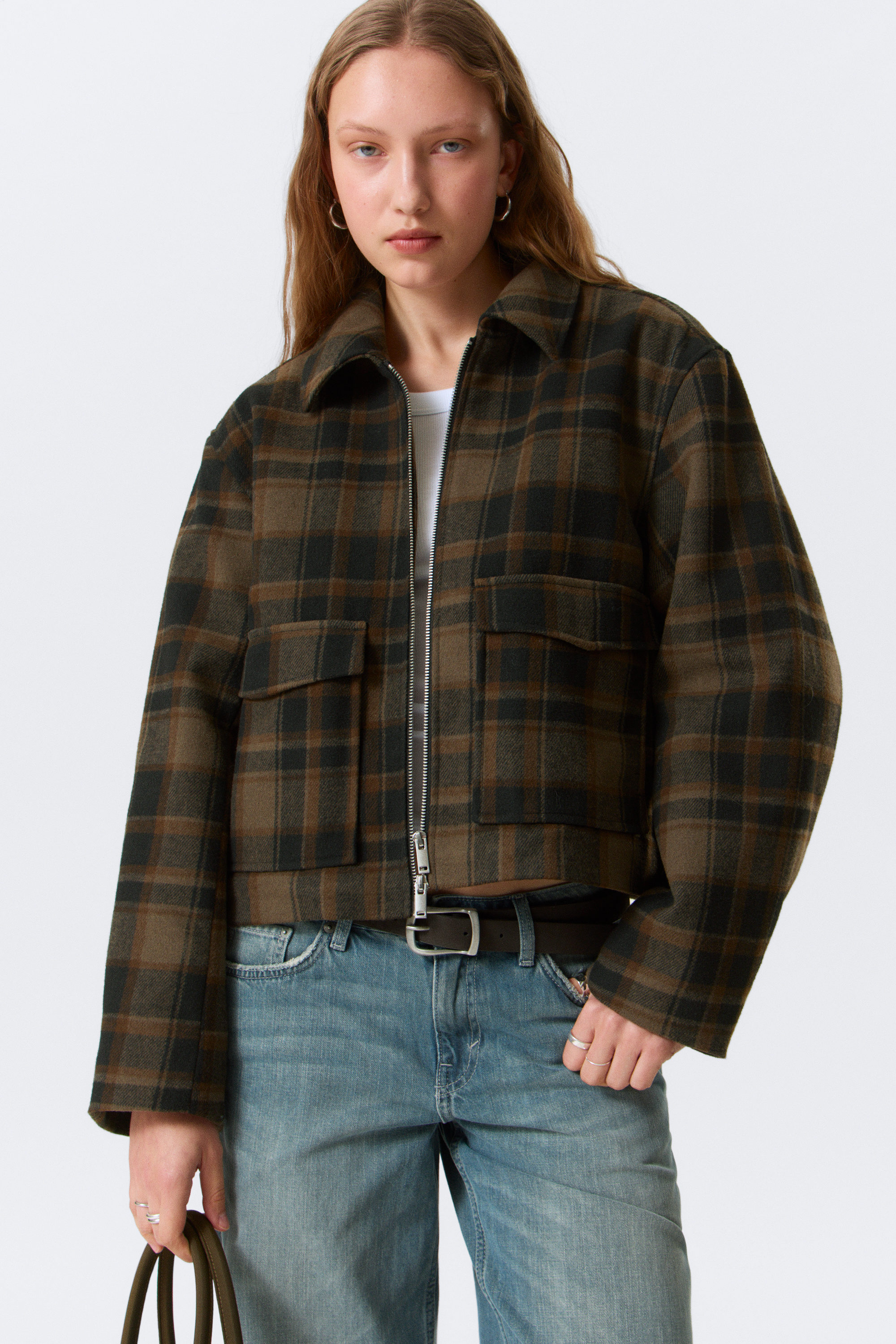 Dark Brown Check - Cropped Boxy Zip Jacket - 3