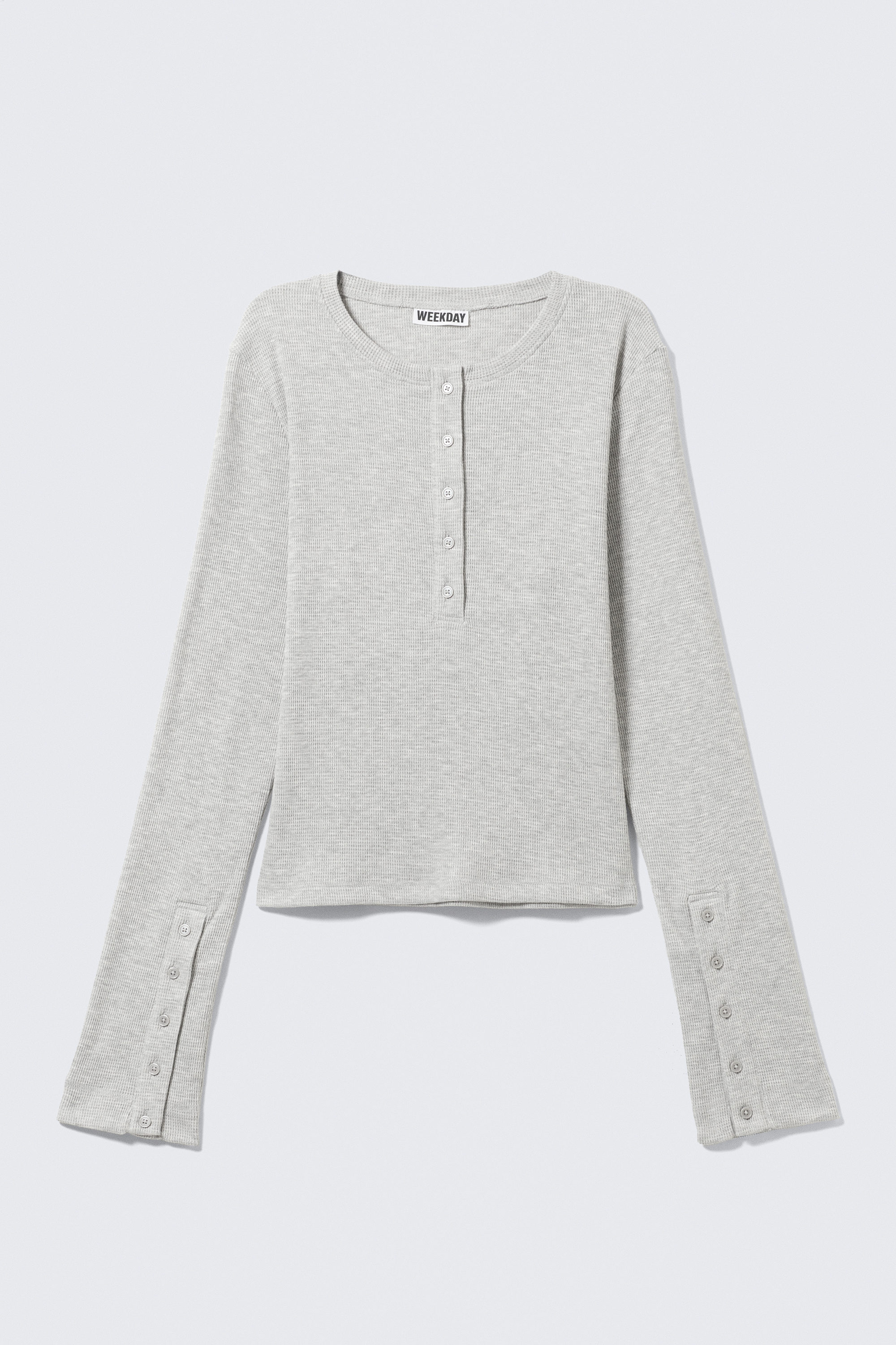 Gråmelerad - Våfflad långärmad henley-topp - 1