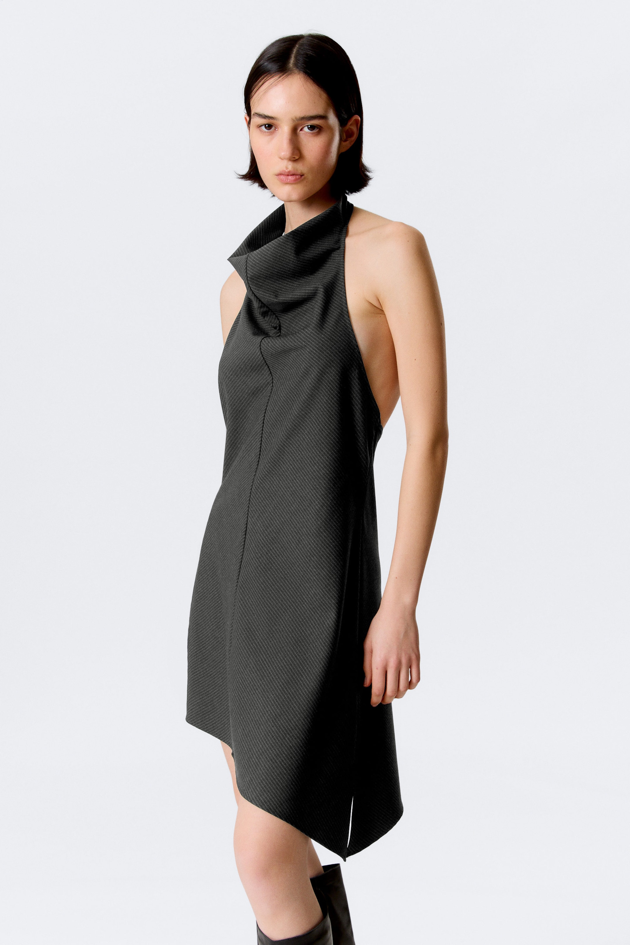 Striped Dark Grey - Draped Halter Cowl Neck Midi Dress - 2
