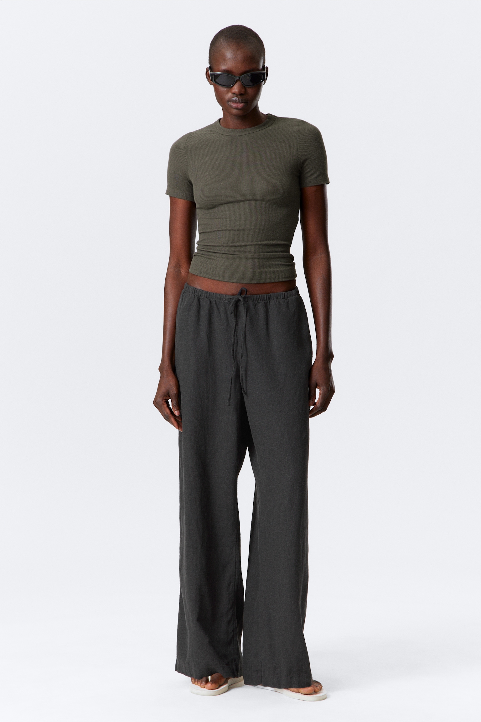 Pantaloni a vita bassa in misto lino - Grigio scuro/Grigio chiaro