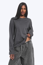 Striped Dark Grey - Long-Sleeved Boxy Cotton T-shirt - 1