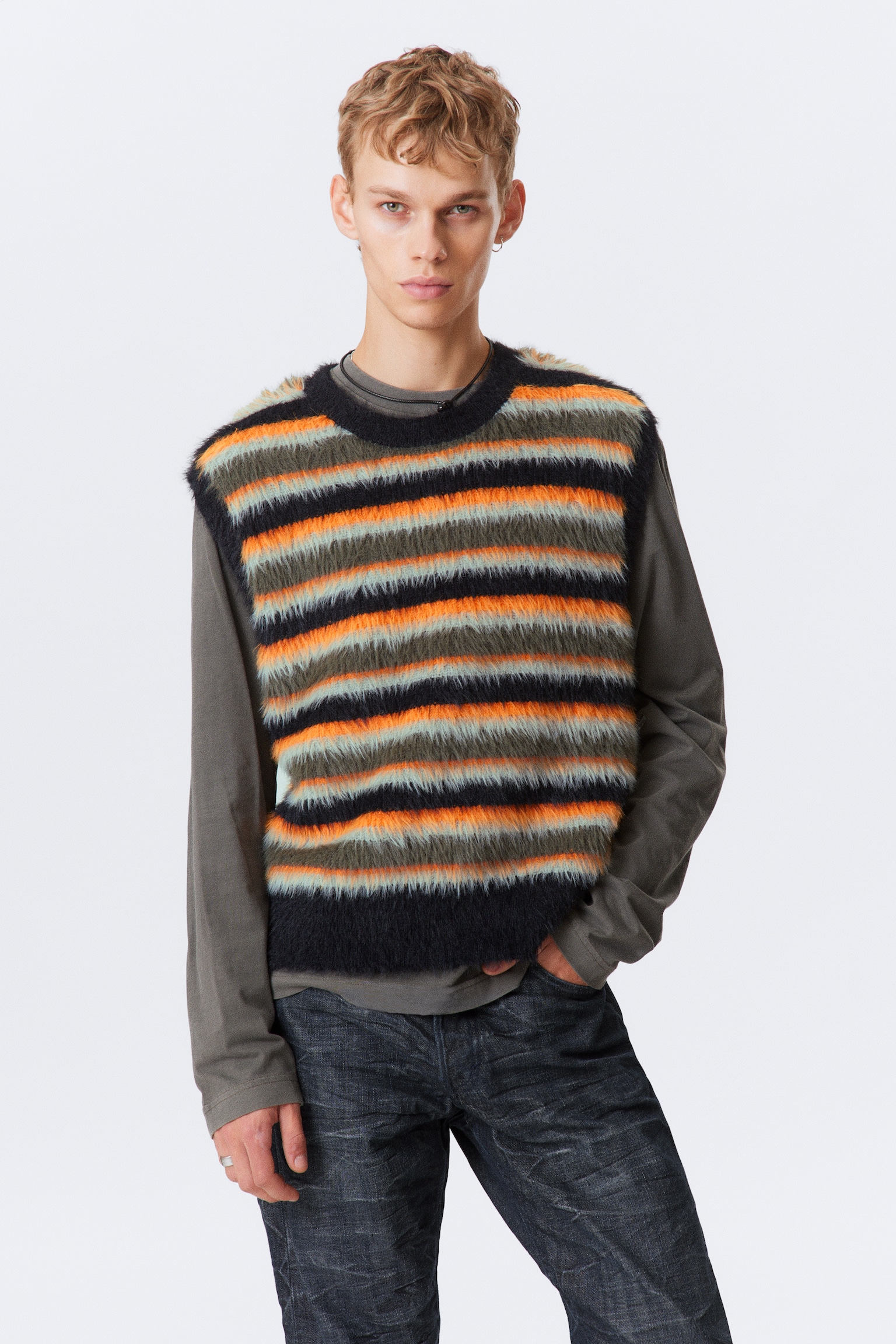 Striped Hairy Knit Vest - Multicoloured Striped/White