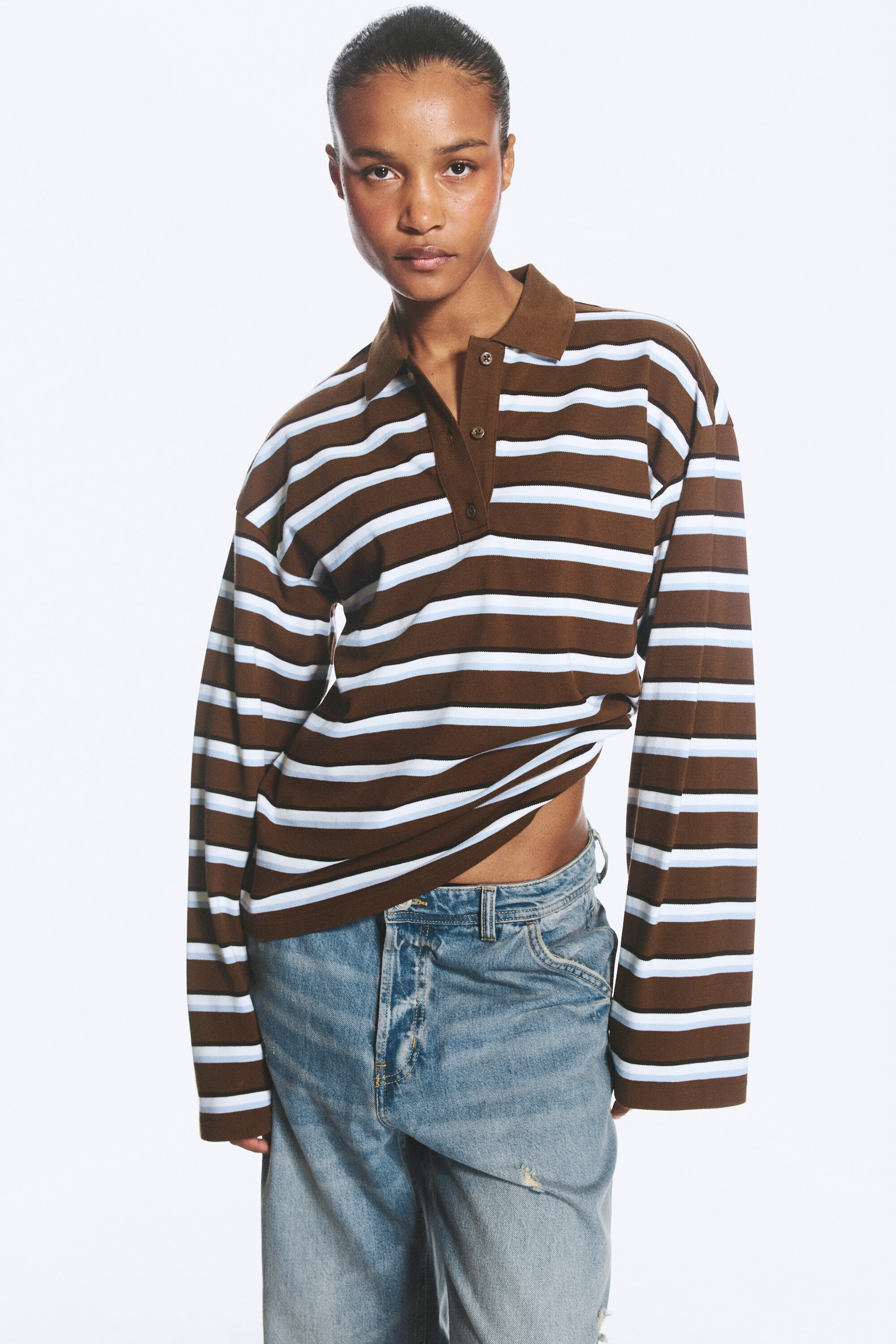 Striped Brown/Blue - Langärmliges Poloshirt aus Baumwolle - 0
