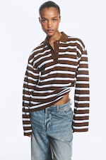 Striped Brown/Blue - Langärmliges Poloshirt aus Baumwolle - 0