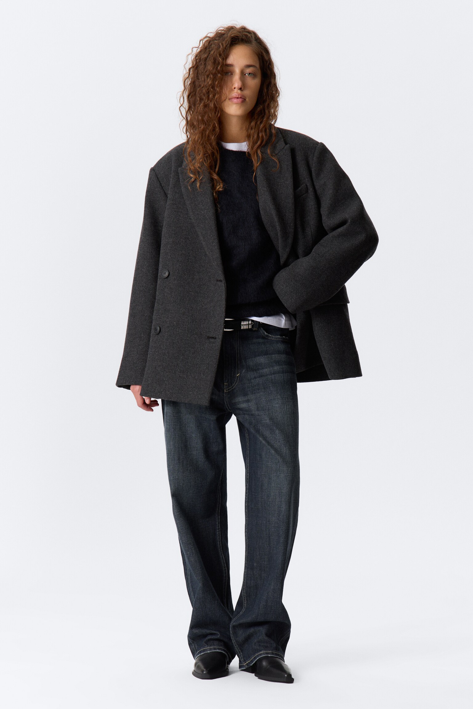 Zweireihiger Oversize-Blazer aus Wollmischung - Dunkelgrau - Fischgrätmuster