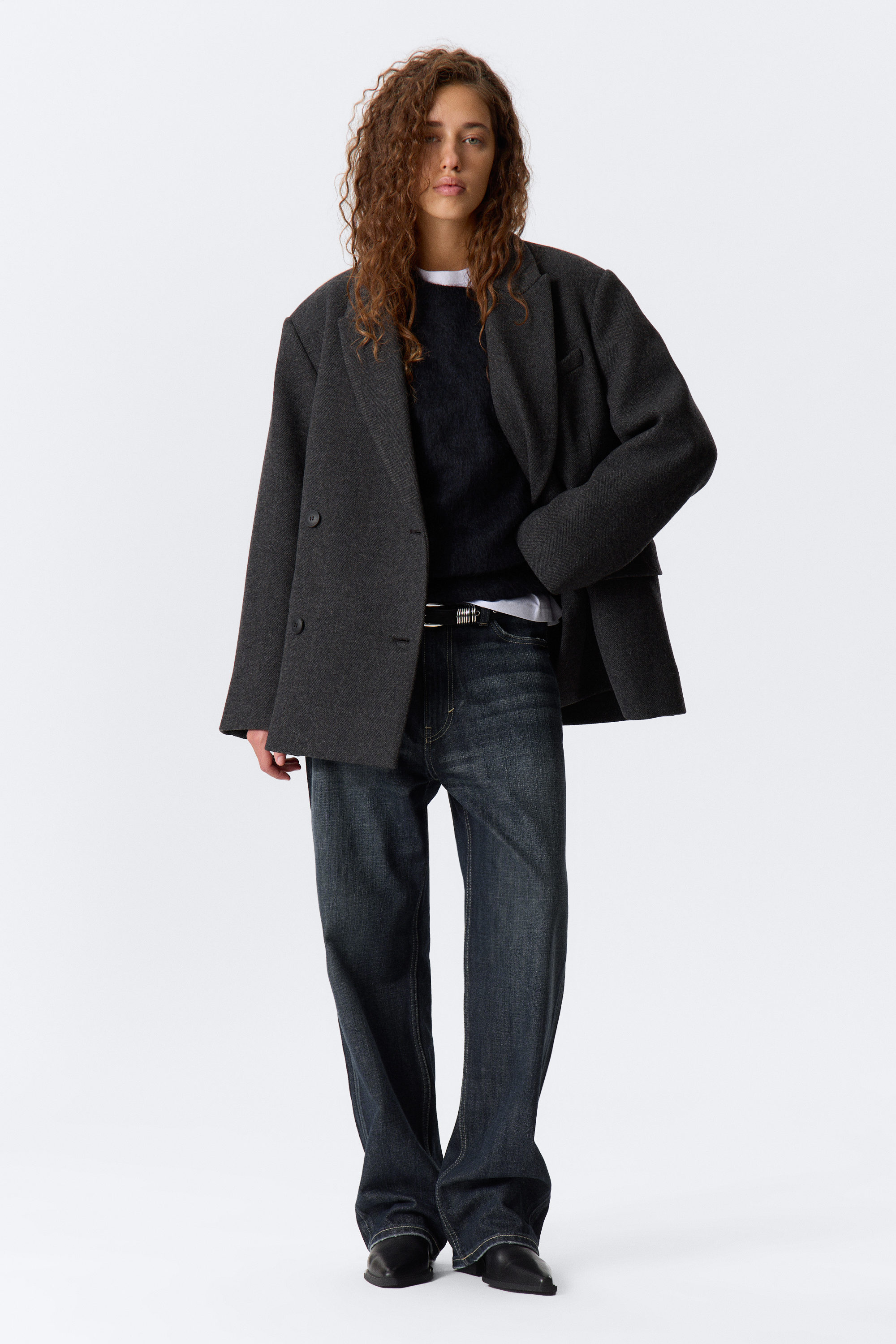 Dark Grey - Herringbone - Oversized Wool-Blend Double-Breasted Blazer - 1