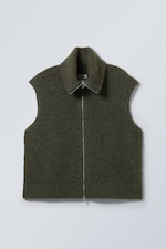 Dark Khaki Green - Knitted Zip Vest - 0