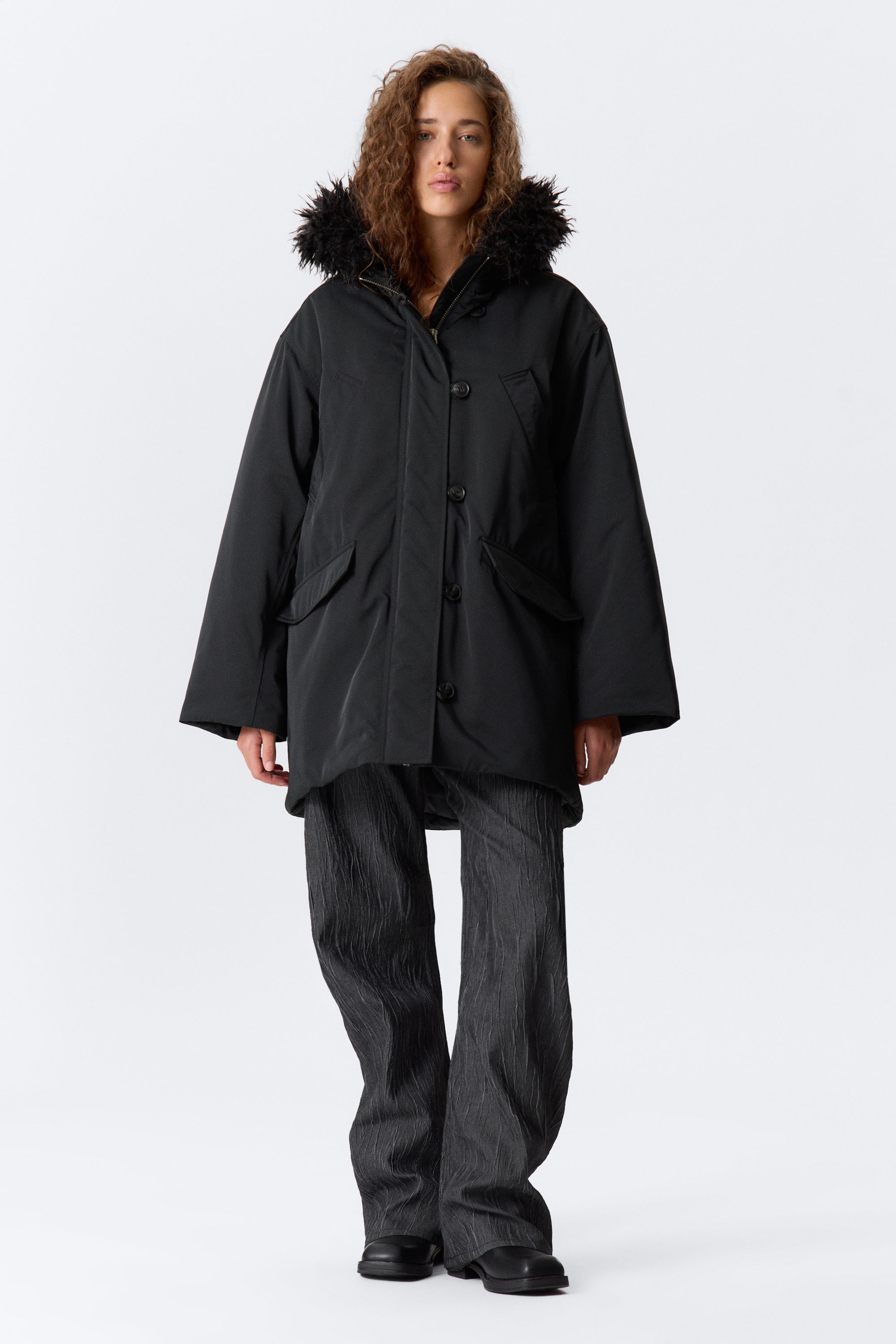 Black - Padded Bomber Parka with Faux Fur Trim - 2