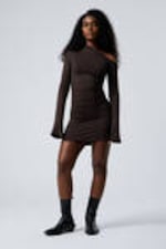 Dark Brown - Gathered Mini Long Sleeve Dress - 1