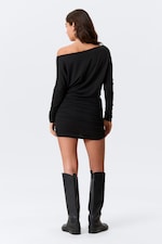 Black - Draped Asymmetric Long-Sleeved Mini Dress - 2