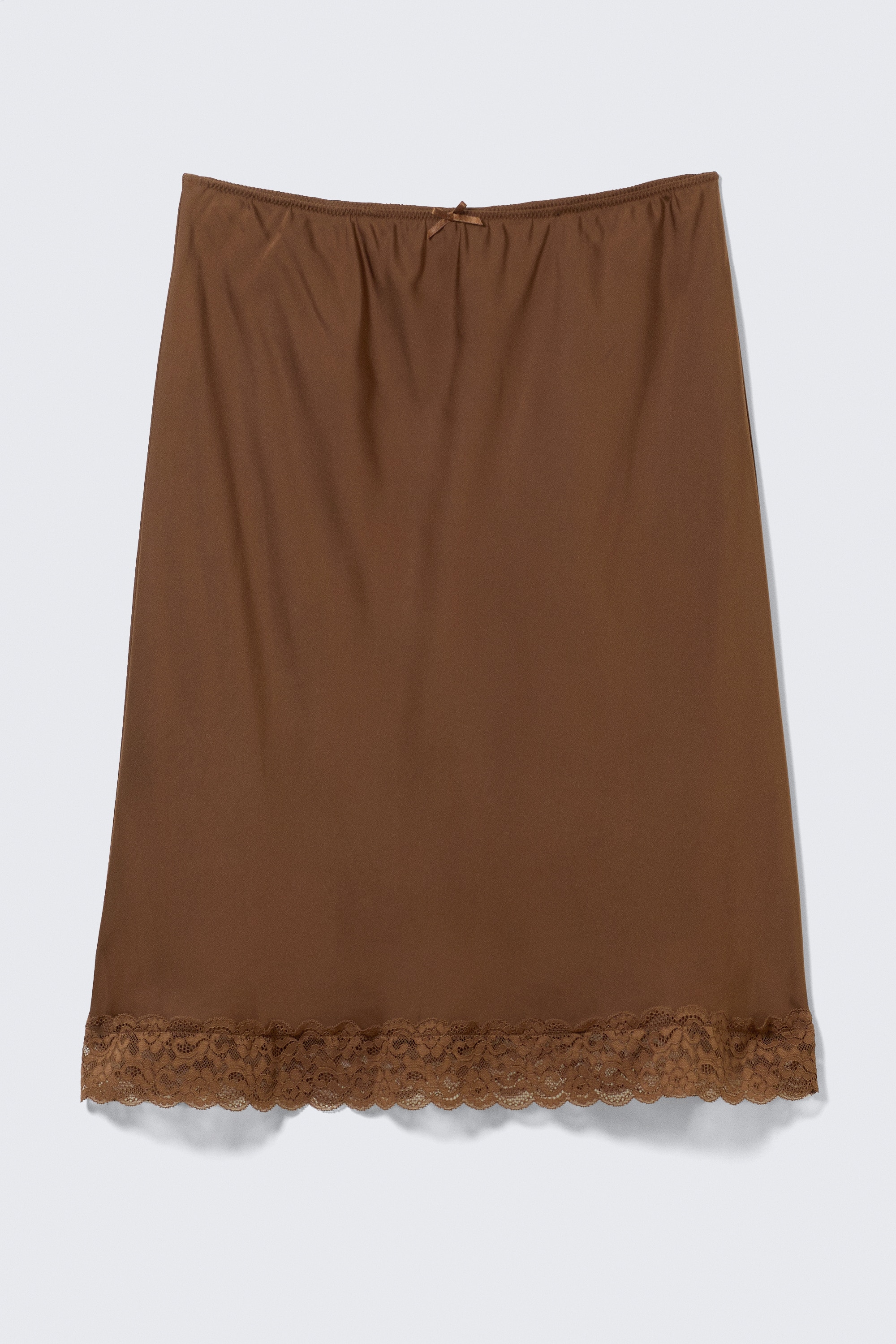 Mid Rise Satin Lace Midi Skirt - Dark Brown/Dusty Pink