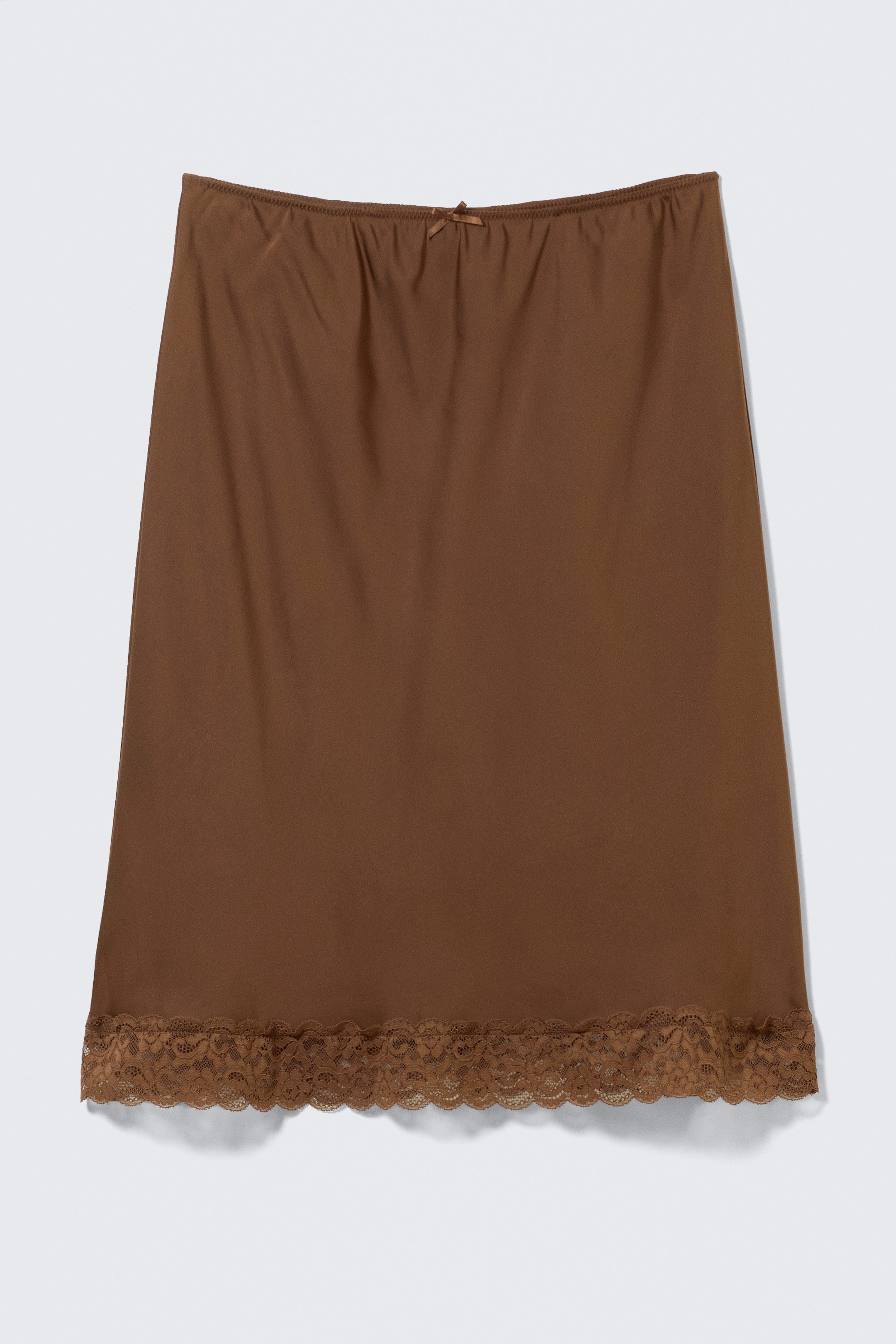 Dark Brown - Mid Rise Satin Lace Midi Skirt - 3