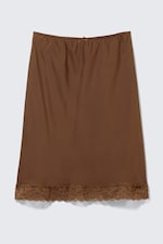Dark Brown - Mid Rise Satin Lace Midi Skirt - 3
