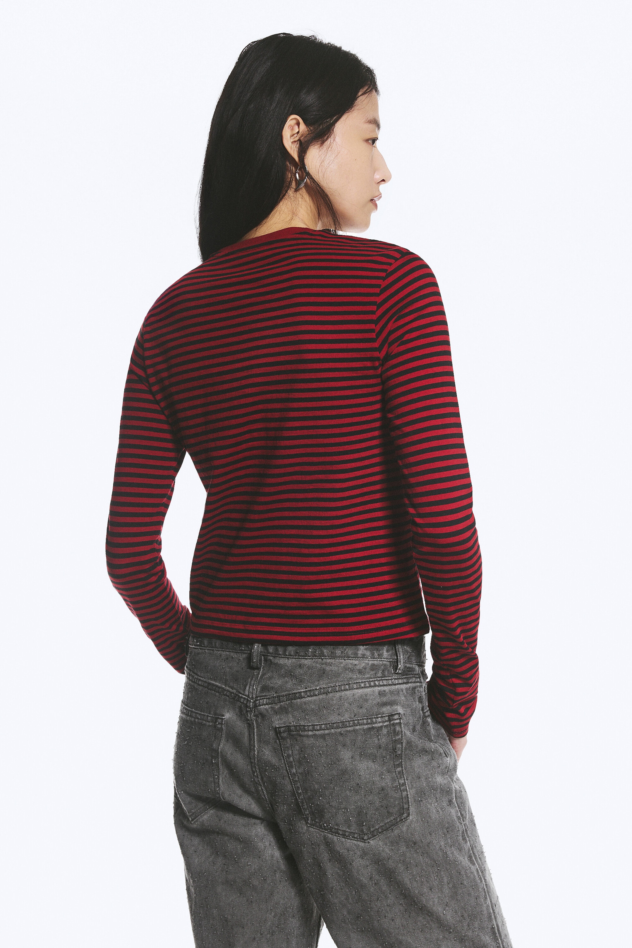 Striped Dark Red - Slim Long-Sleeved Cotton Top - 3