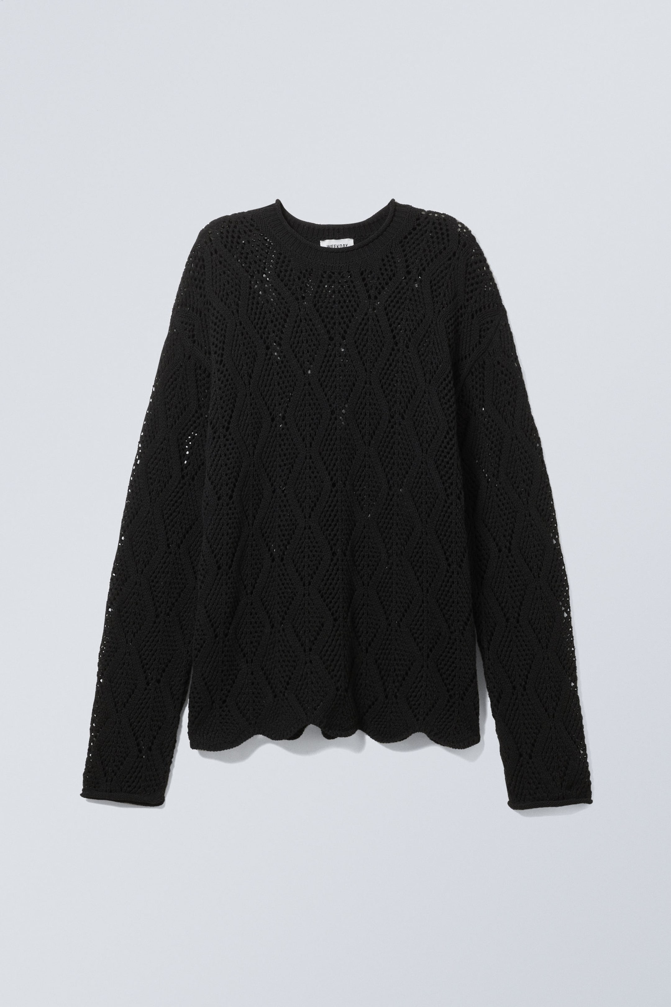 Black - Crochet Long Sleeve Sweater - 1