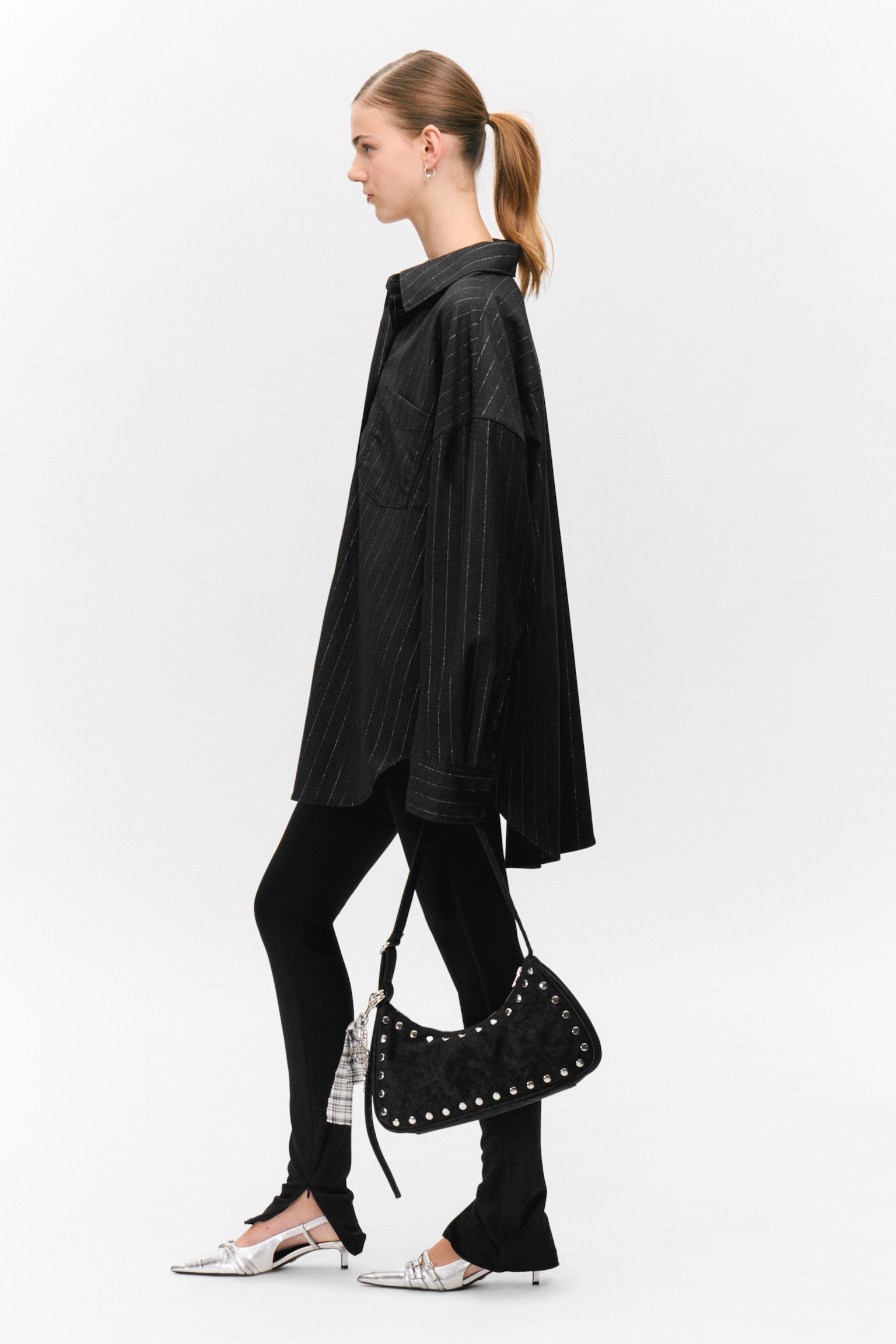 Oversized Button-up Shirt - Dark Grey - Metallic Stripes - 3