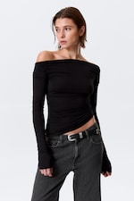 Zwart - Off-shoulder top met lange mouwen en rimpeleffect - 2