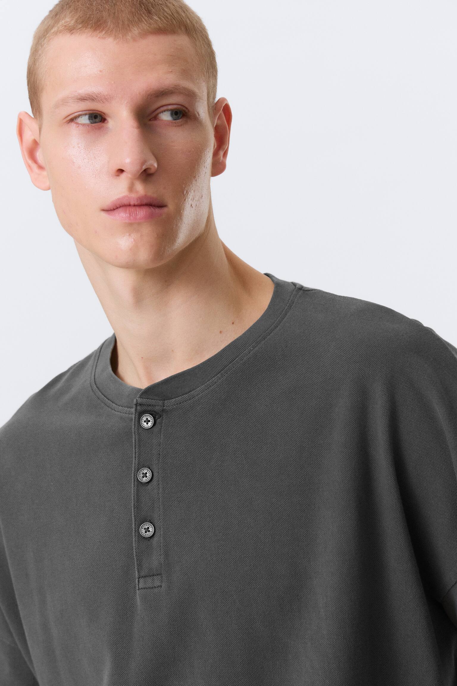 T-shirt Henley a maniche lunghe - Grigio scuro/Azzurro - 4