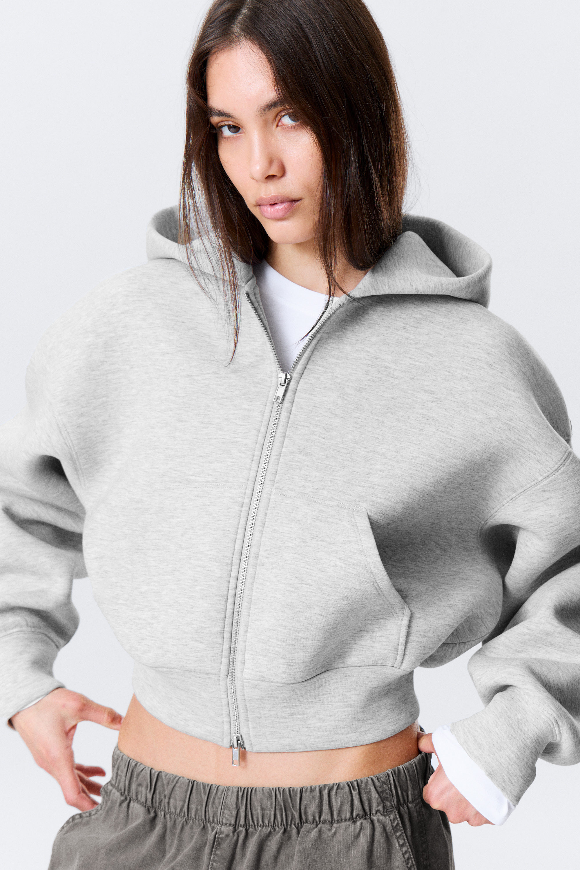 Grey Melange - Loose Fit Scuba Zip Hoodie - 2