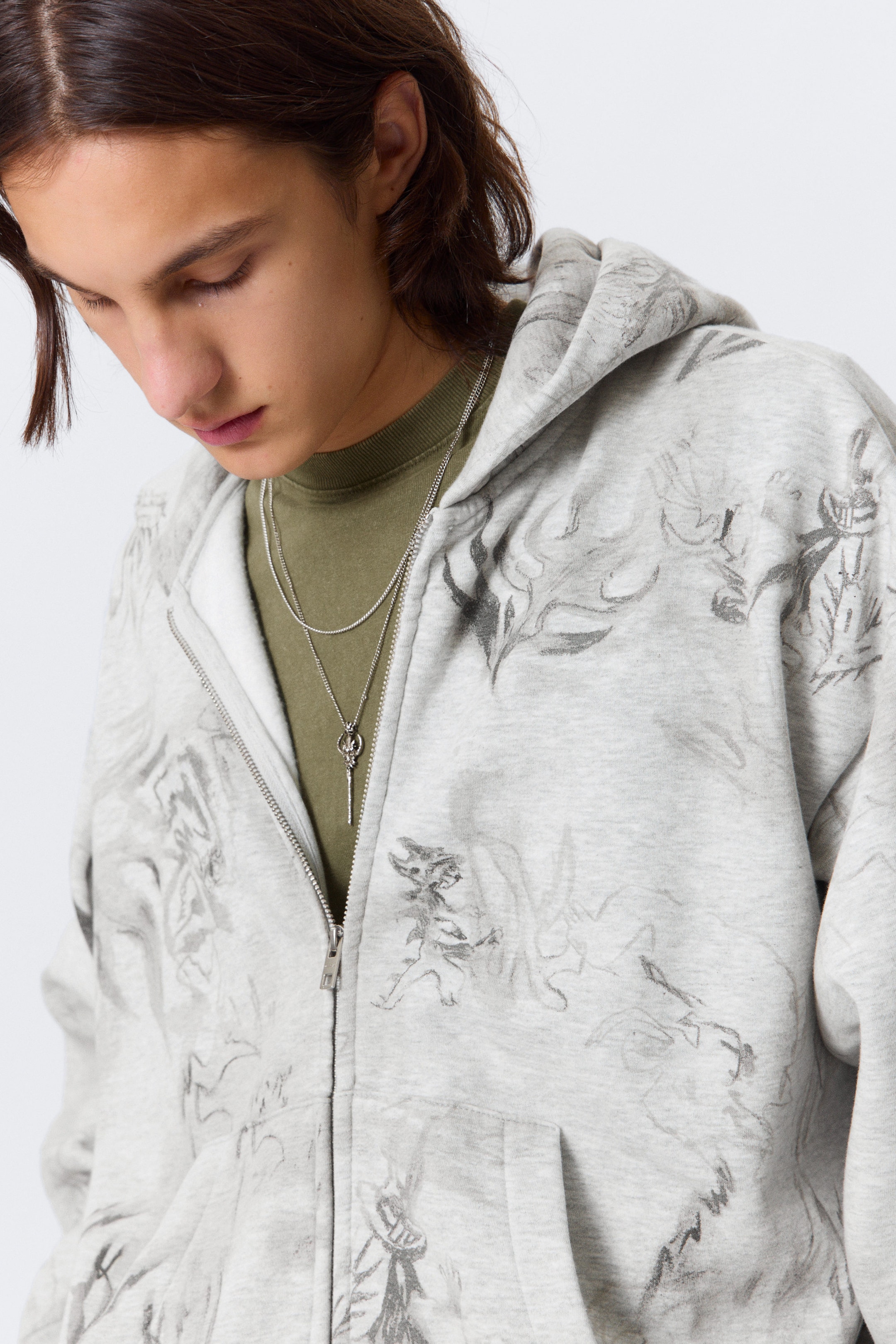 Grau meliert - Scribble-Print - Grafischer Zip-Hoodie mit eckigem Schnitt - 2