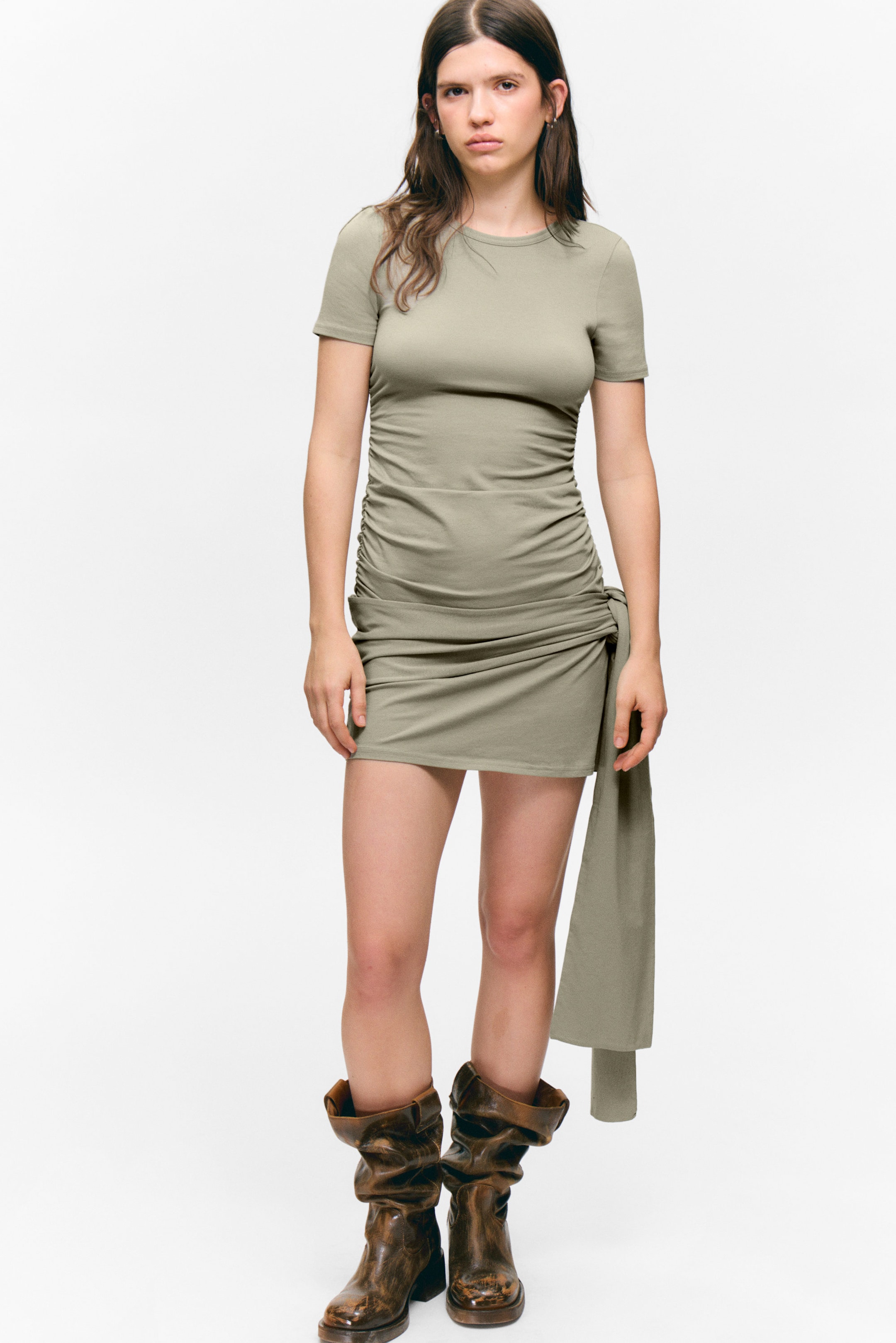 Khaki Green - Draped Tie-Front Mini Dress - 1