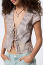 Checked Blue - Bleach Effect - Tie-Front V-neck Cotton Blouse - 1