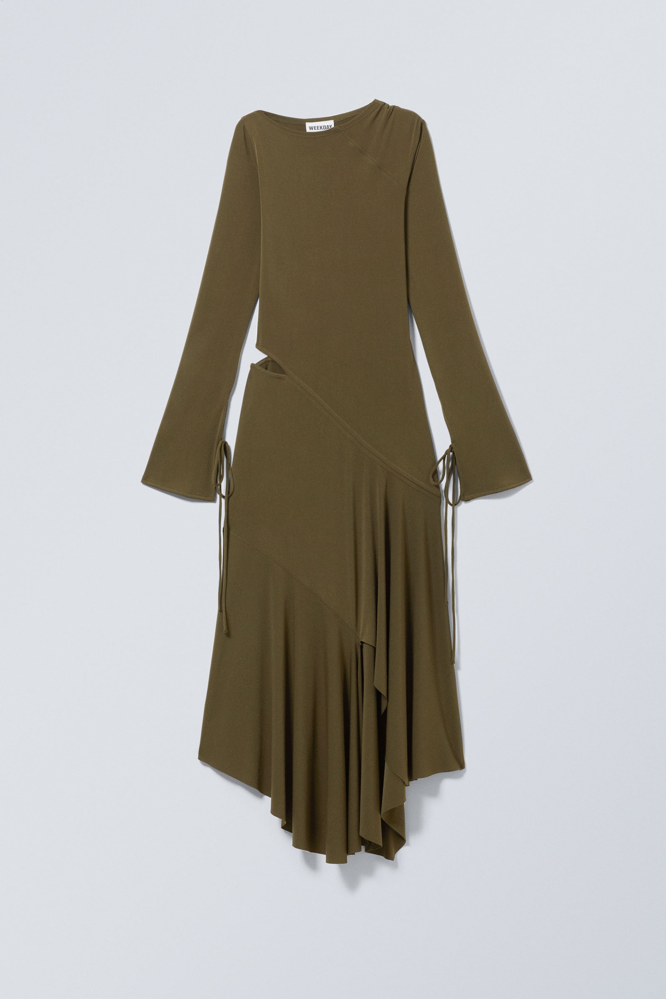 Dunkles Khakigrün - Langärmeliges, asymmetrisches Drapé-Kleid - 1