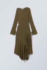 Dark Khaki Green - Long-Sleeved Asymmetric Draped Dress - 0