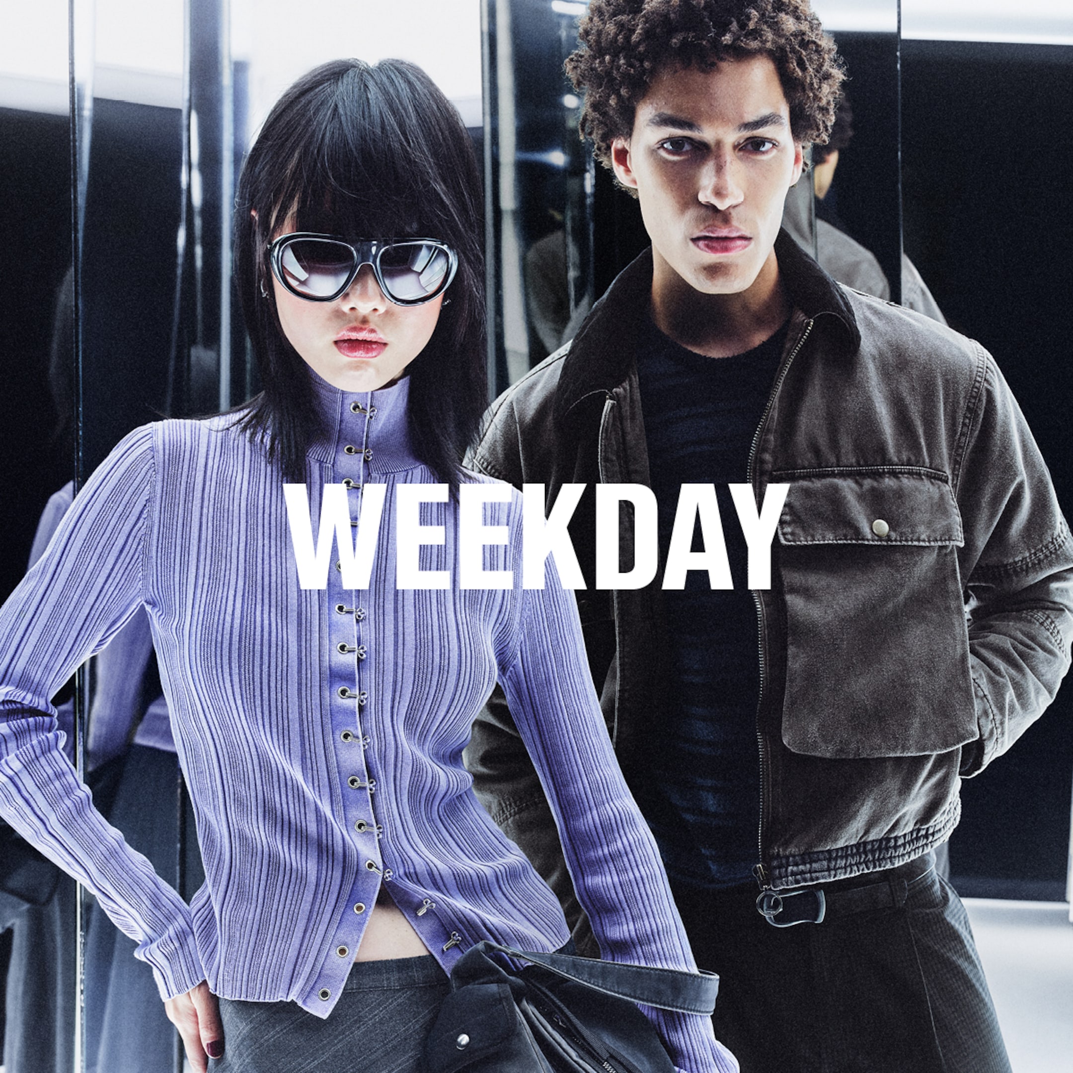 A woman and a man wearing outfits from Weekday collection