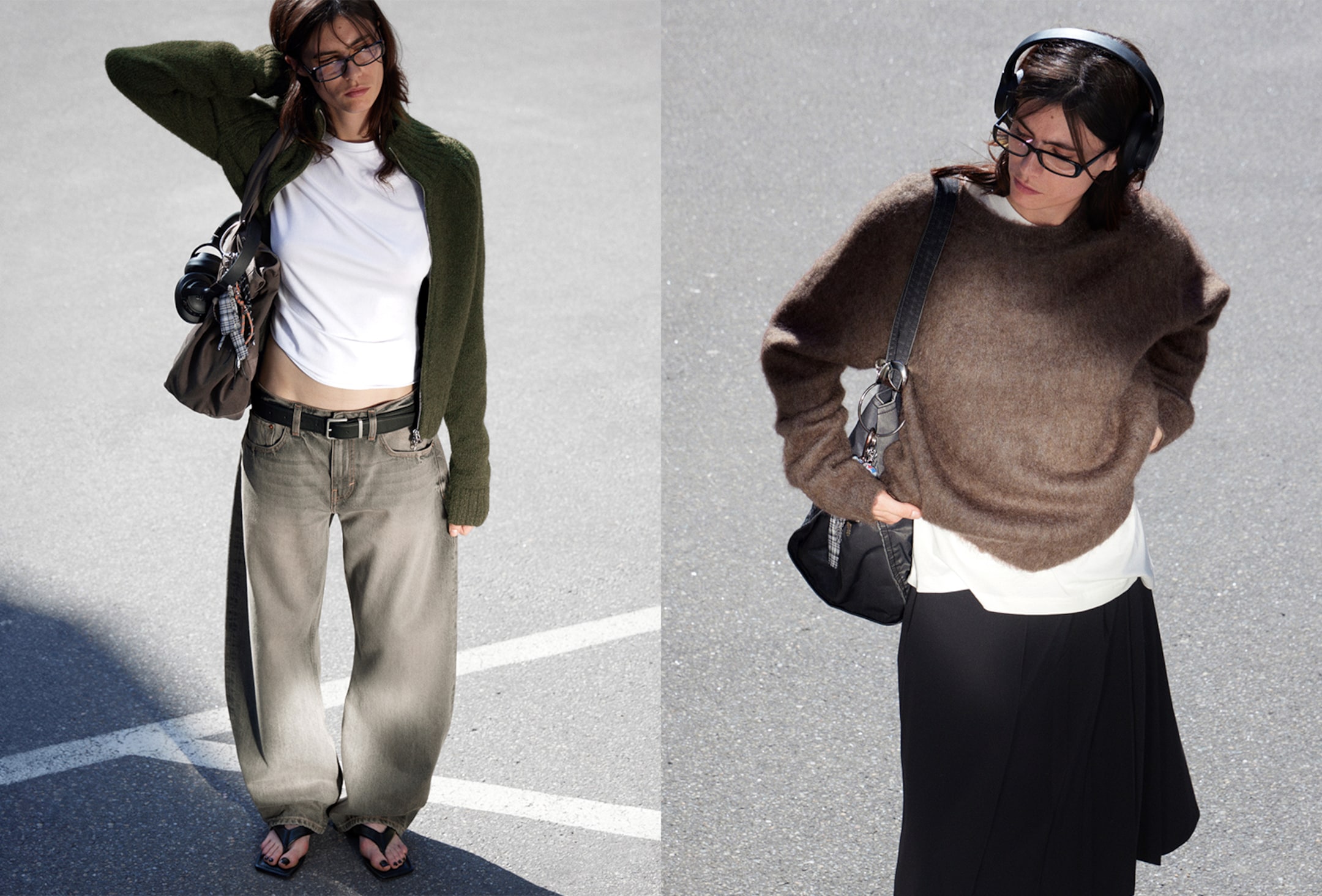 A split image showing a model dressed in Weekday collection; wearing a jeans and a knitted cardigan to the left, and a skirt and a knitted sweater to the right.