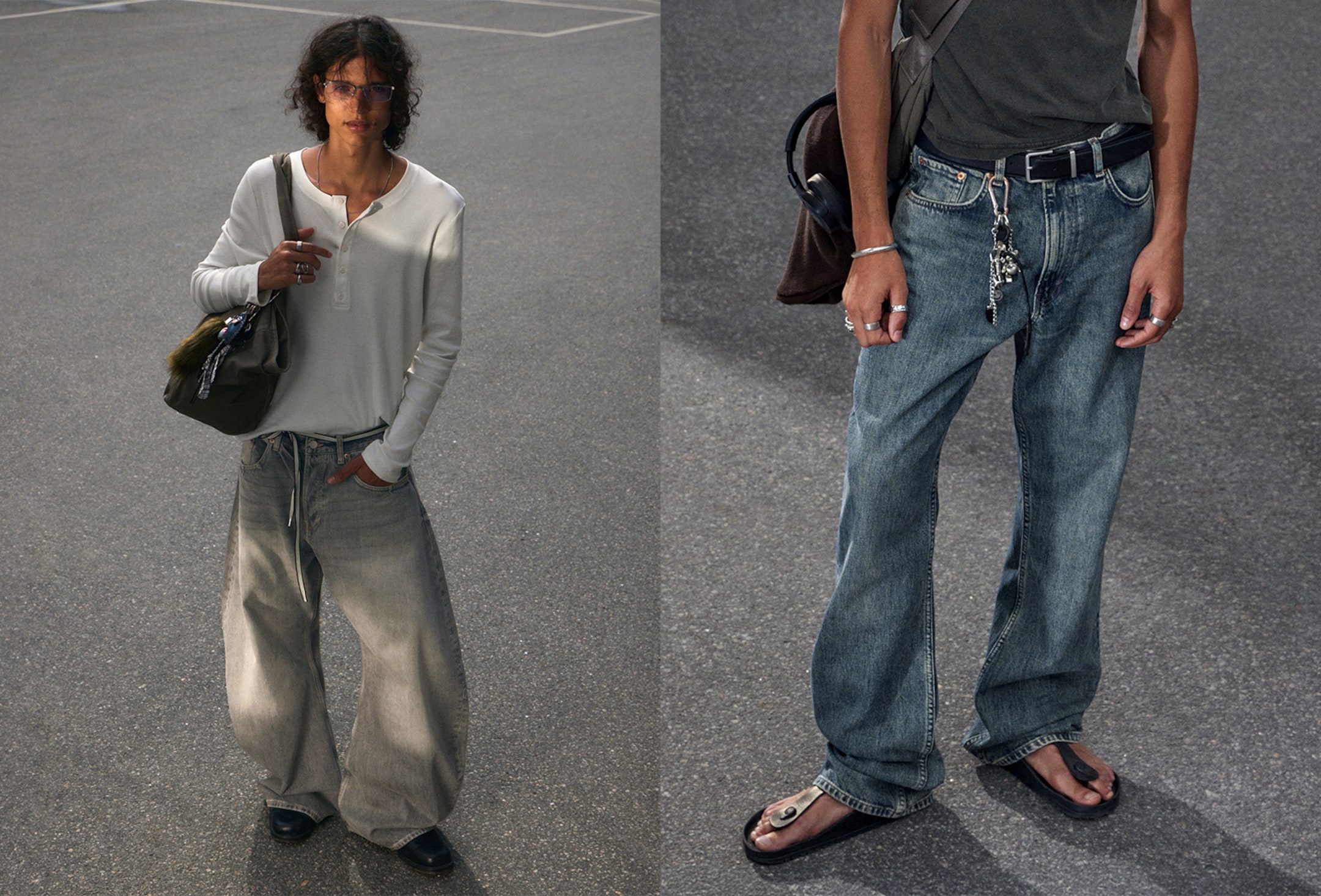 A split image showing a model dressed in Weekday collection