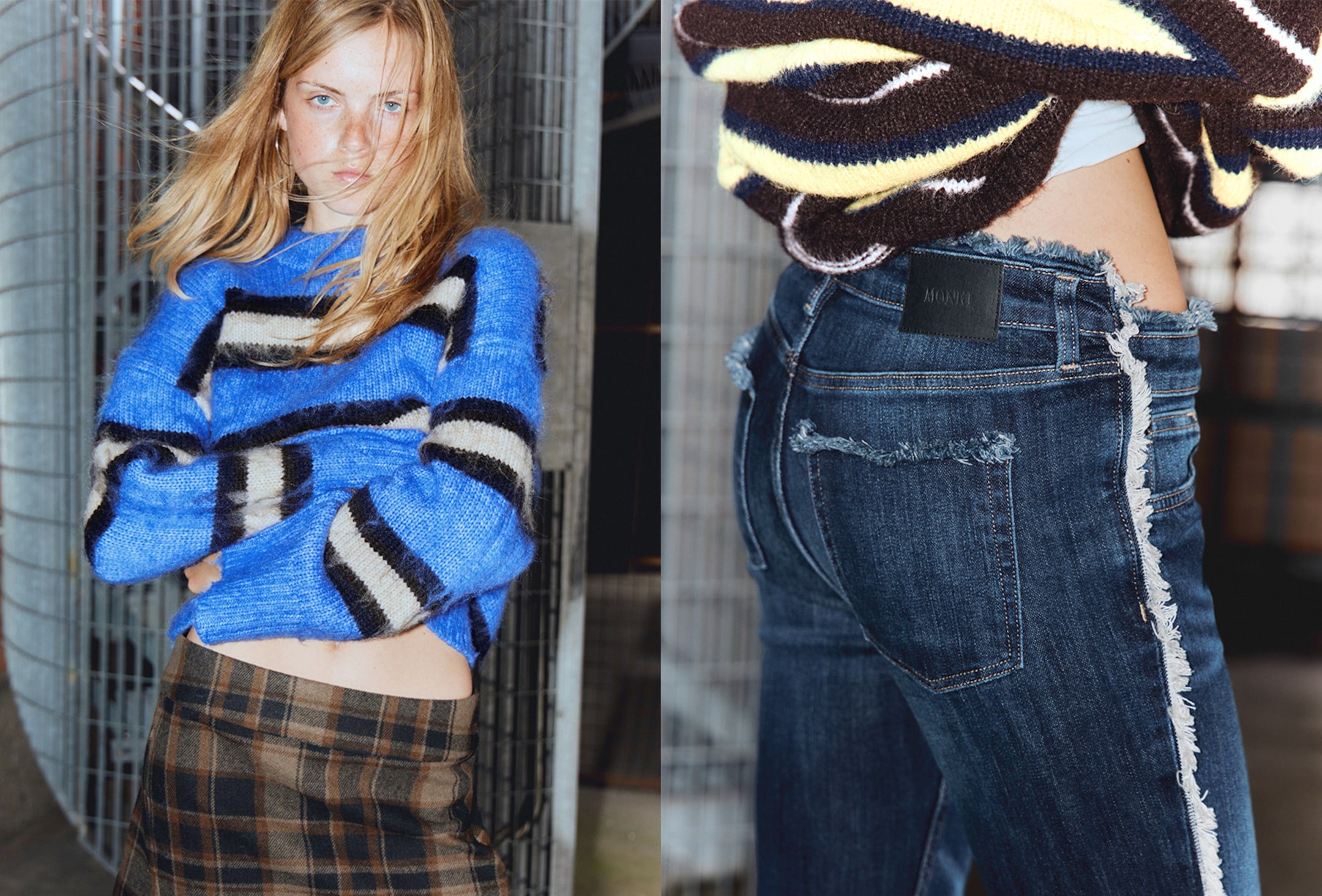 A split image showing a model dressed in Monki collection; wearing a checked skirt and a striped knitted sweater to the left, and a pair of fringed jeans to the right.