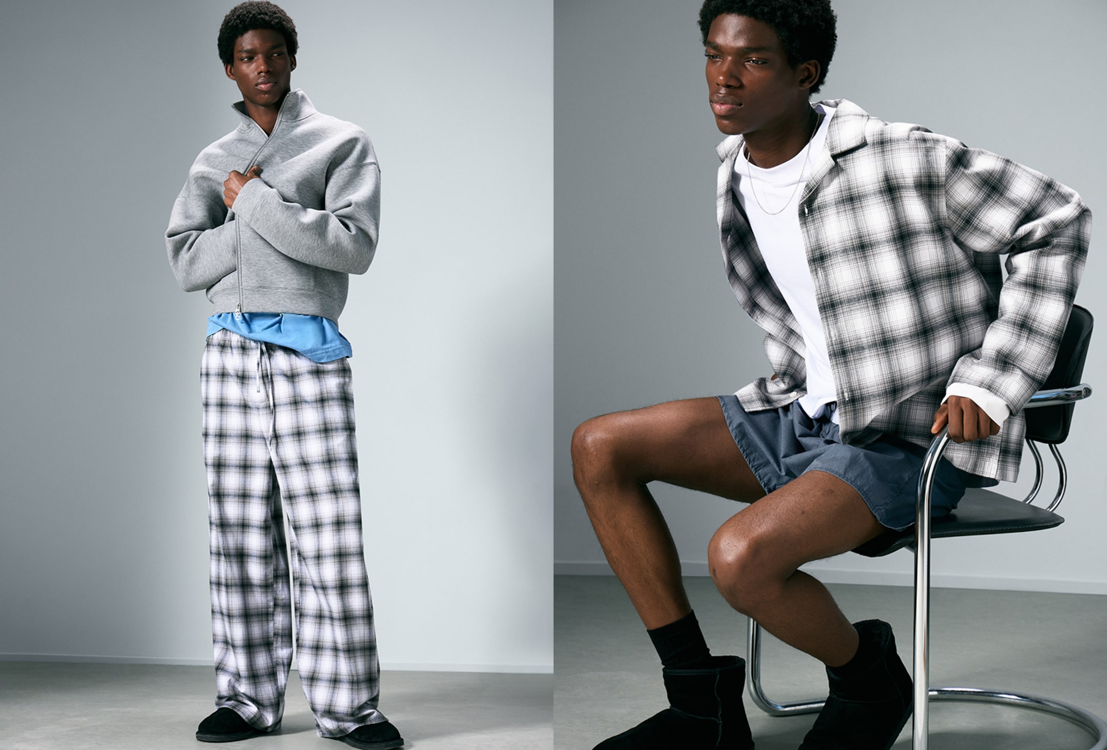 A man wearing outfits from Weekday Back to Reality collection