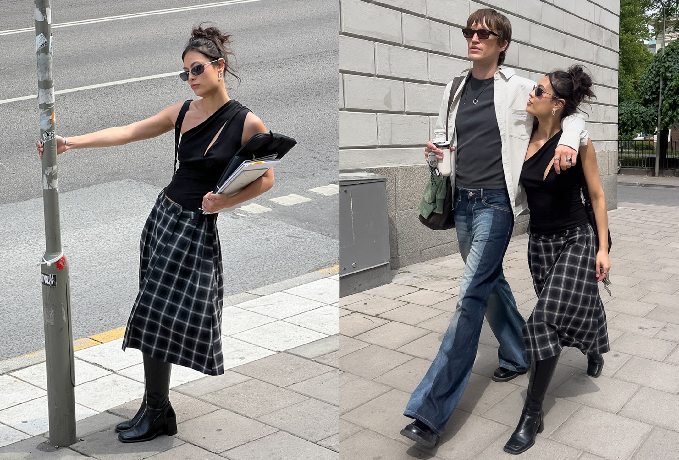 A woman and a man wearing outfits from Weekday Back to Reality collection