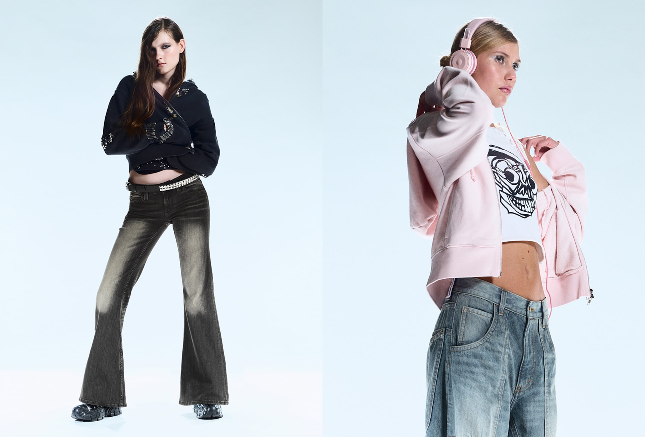 A model wearing Cheap Monday jeans and a fluffy sweater