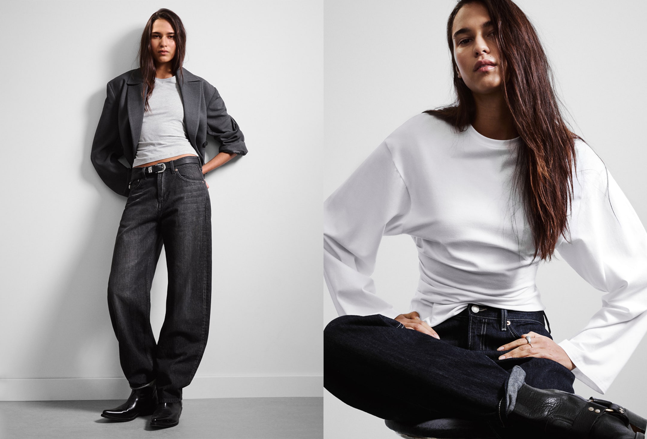 A split image showing a model dressed in Weekday collection; wearing a jeans and a knitted cardigan to the left, and a skirt and a knitted sweater to the right.