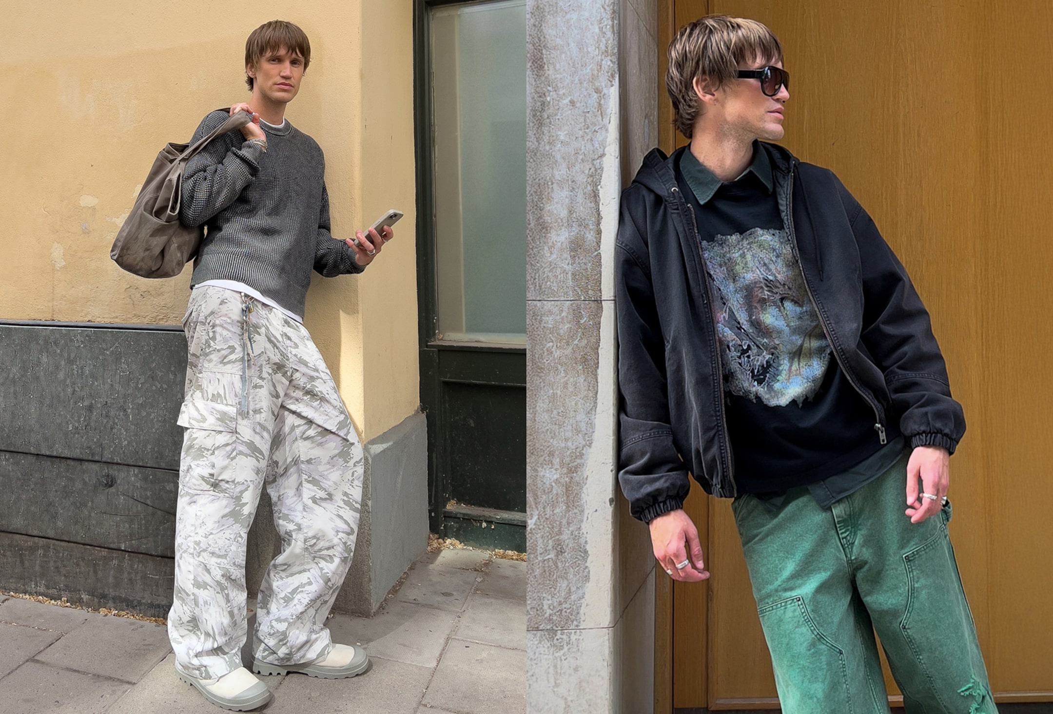 A man wearing outfits from Weekday Back to Reality collection